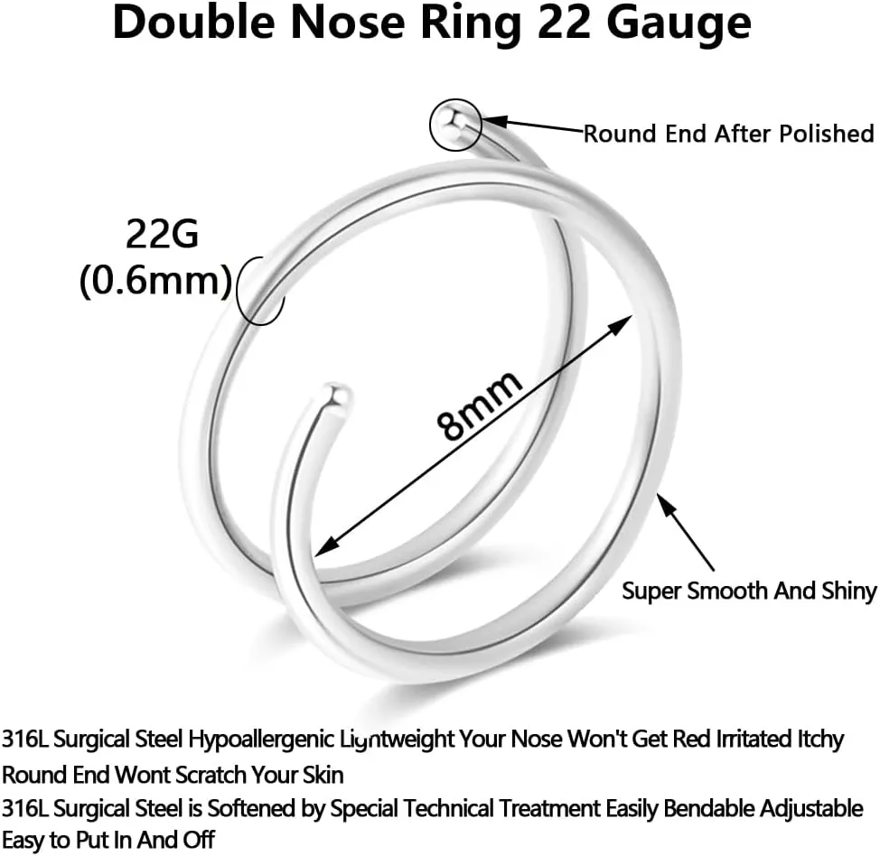 1-15PCS Double Hoop Nose Ring for Single Piercing 18G 20G 22G Spiral Nose Rings Hoops 18 20 22 Gauge Surgical Steel Twist Nose Piercing Jewelry Nostril for Women Girls Men Hypoallergenic Pack Easy Bendable 6mm 8mm 10mm