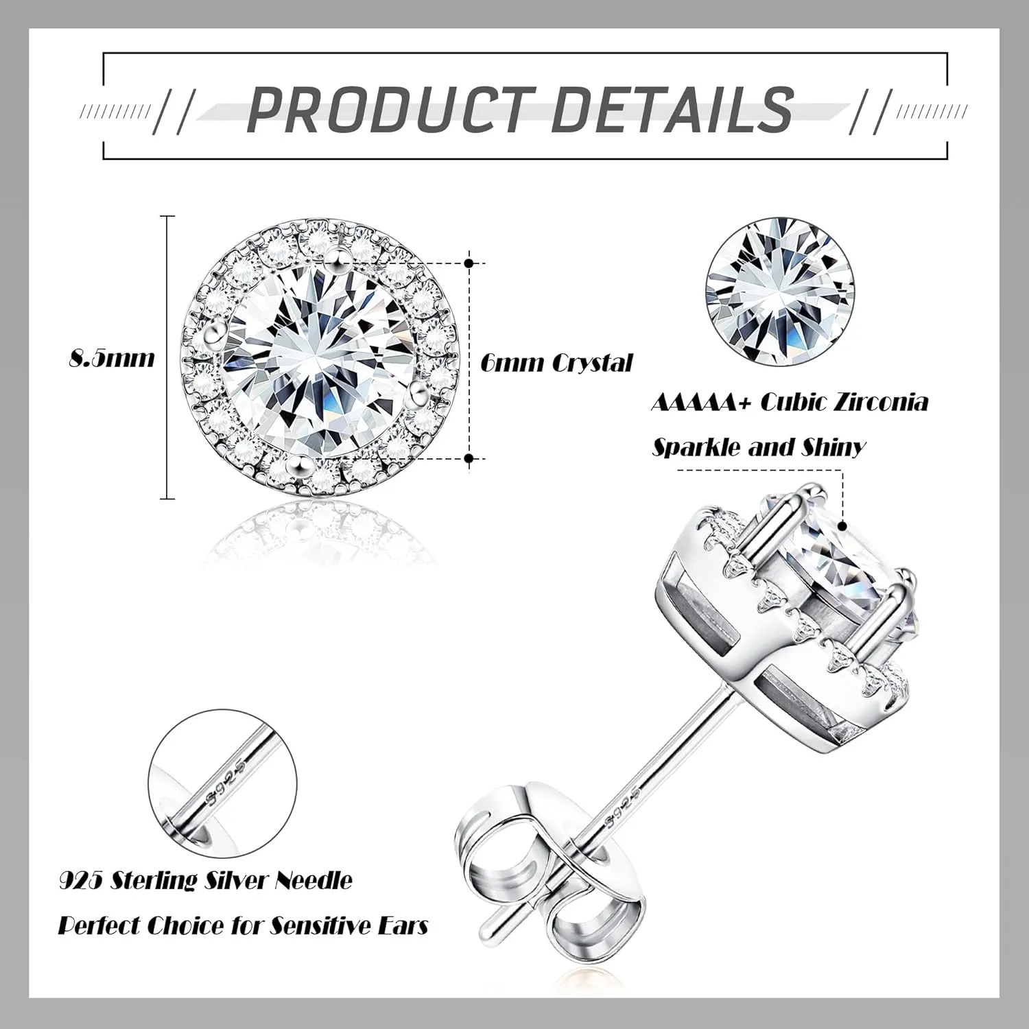 1-2 Pairs 925 Sterling Silver Mens Earrings Cubic Zirconia Halo Stud Earrings for Men 18K Gold Plated Heart/Round/Square Cut CZ Stud Earrings Set for Women Men