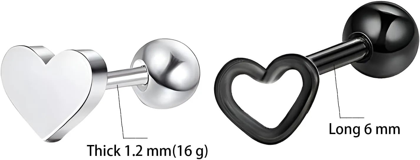 1 Pair Heart Screw Back Earrings Stainless Steel Hypoallergenic Stud Earring Dainty Piercing Helix Jewelry for Women Ladies Sensitive Ears Aretes Pequeos Para Mujer 6 MM