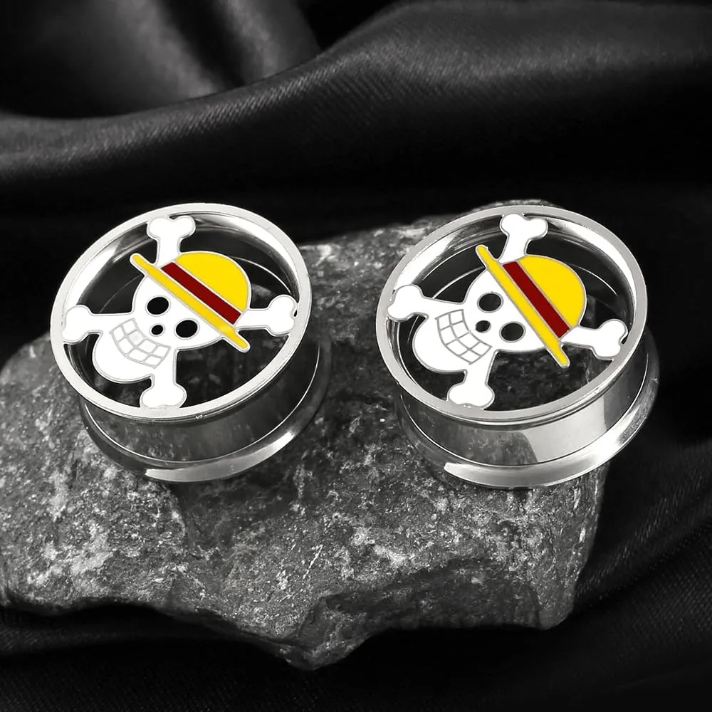 1 Pair Horn with Skull Ear Tunnels Plugs 316 Stainless Steel Ear Gauges Weight Saddle Plugs Hypoallergenic expander Piercing Body Jewelry