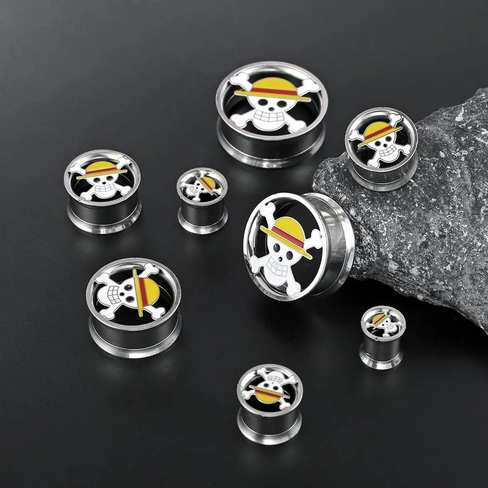 1 Pair Horn with Skull Ear Tunnels Plugs 316 Stainless Steel Ear Gauges Weight Saddle Plugs Hypoallergenic expander Piercing Body Jewelry