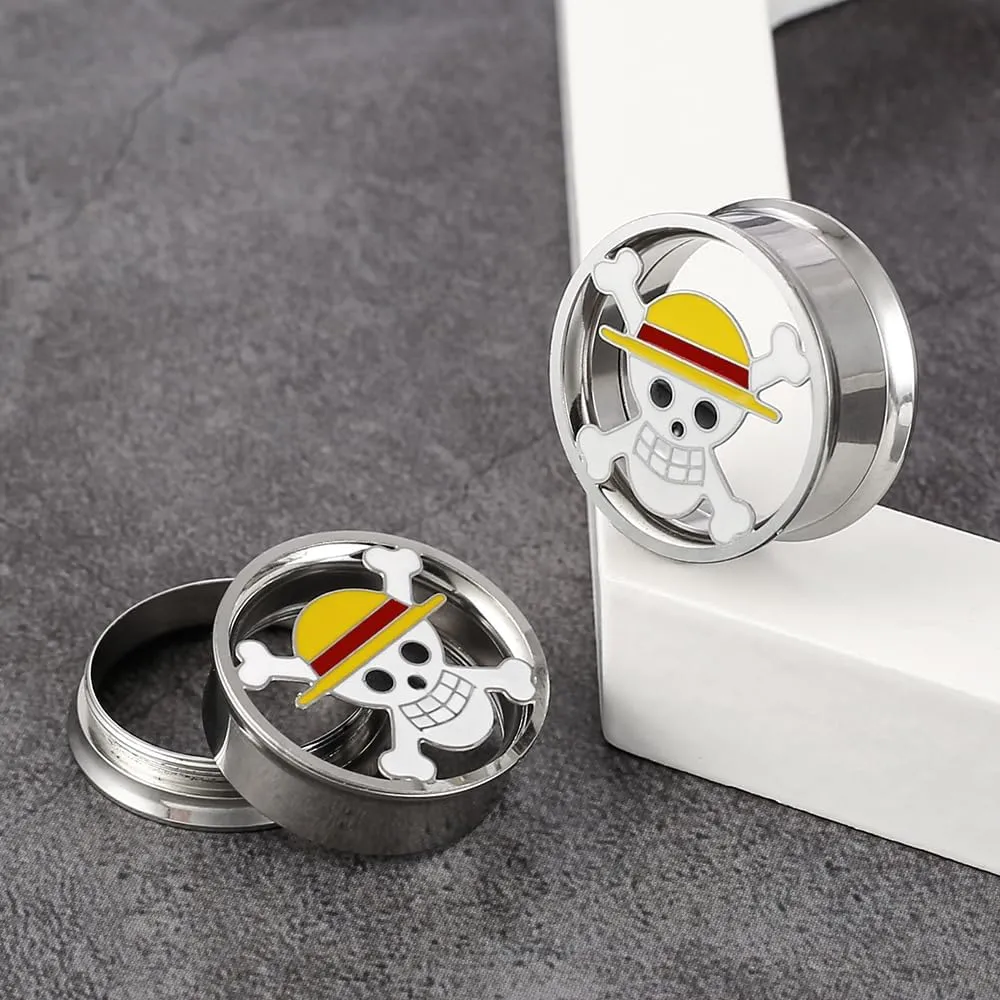 1 Pair Horn with Skull Ear Tunnels Plugs 316 Stainless Steel Ear Gauges Weight Saddle Plugs Hypoallergenic expander Piercing Body Jewelry