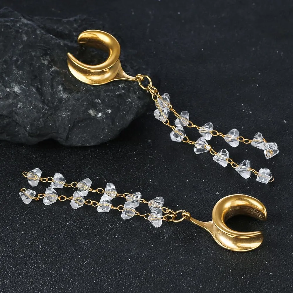 1 Pair saddle gauges crystals chain Dangle earrings Ear Tunnels Plugs 316 Stainless Steel Ear Weight Plugs Hypoallergenic expander Piercing Body Jewelry