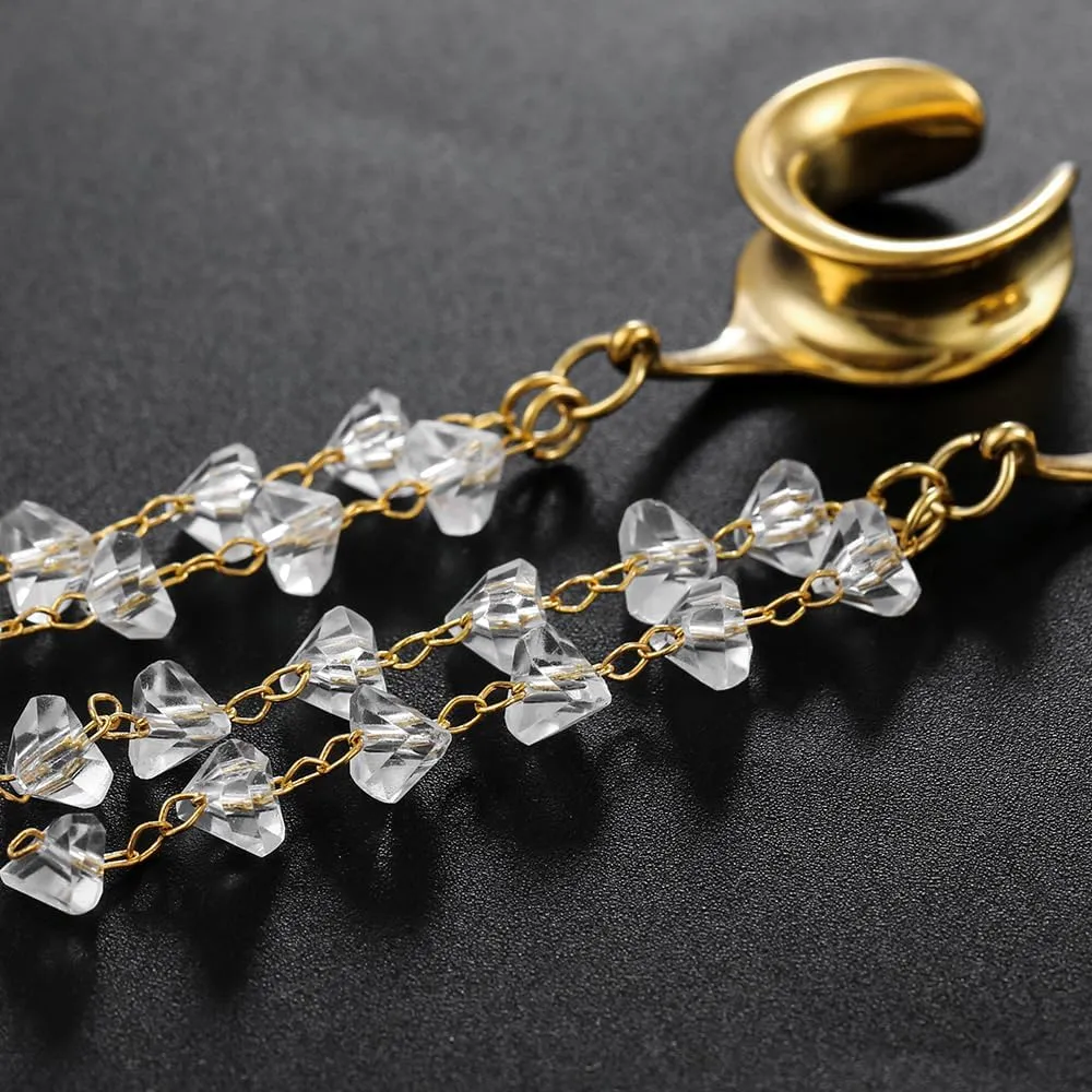 1 Pair saddle gauges crystals chain Dangle earrings Ear Tunnels Plugs 316 Stainless Steel Ear Weight Plugs Hypoallergenic expander Piercing Body Jewelry