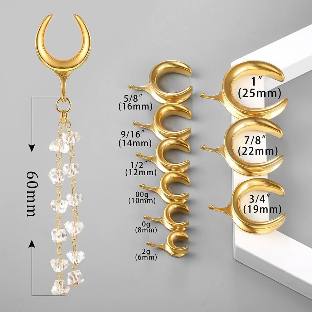1 Pair saddle gauges crystals chain Dangle earrings Ear Tunnels Plugs 316 Stainless Steel Ear Weight Plugs Hypoallergenic expander Piercing Body Jewelry
