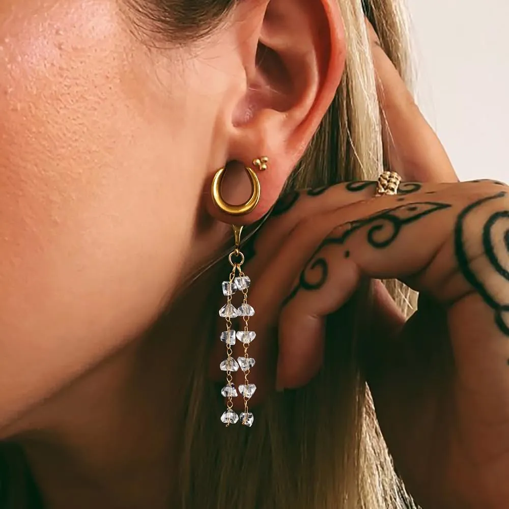 1 Pair saddle gauges crystals chain Dangle earrings Ear Tunnels Plugs 316 Stainless Steel Ear Weight Plugs Hypoallergenic expander Piercing Body Jewelry