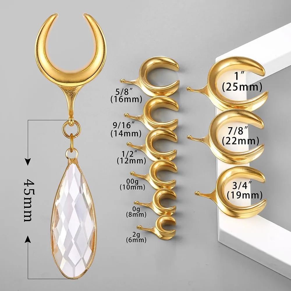 1 Pair saddle gauges Teardrop Crystal Dangle earrings Ear Tunnels Plugs 316 Stainless Steel Ear Weight Plugs Hypoallergenic expander Piercing Body Jewelry