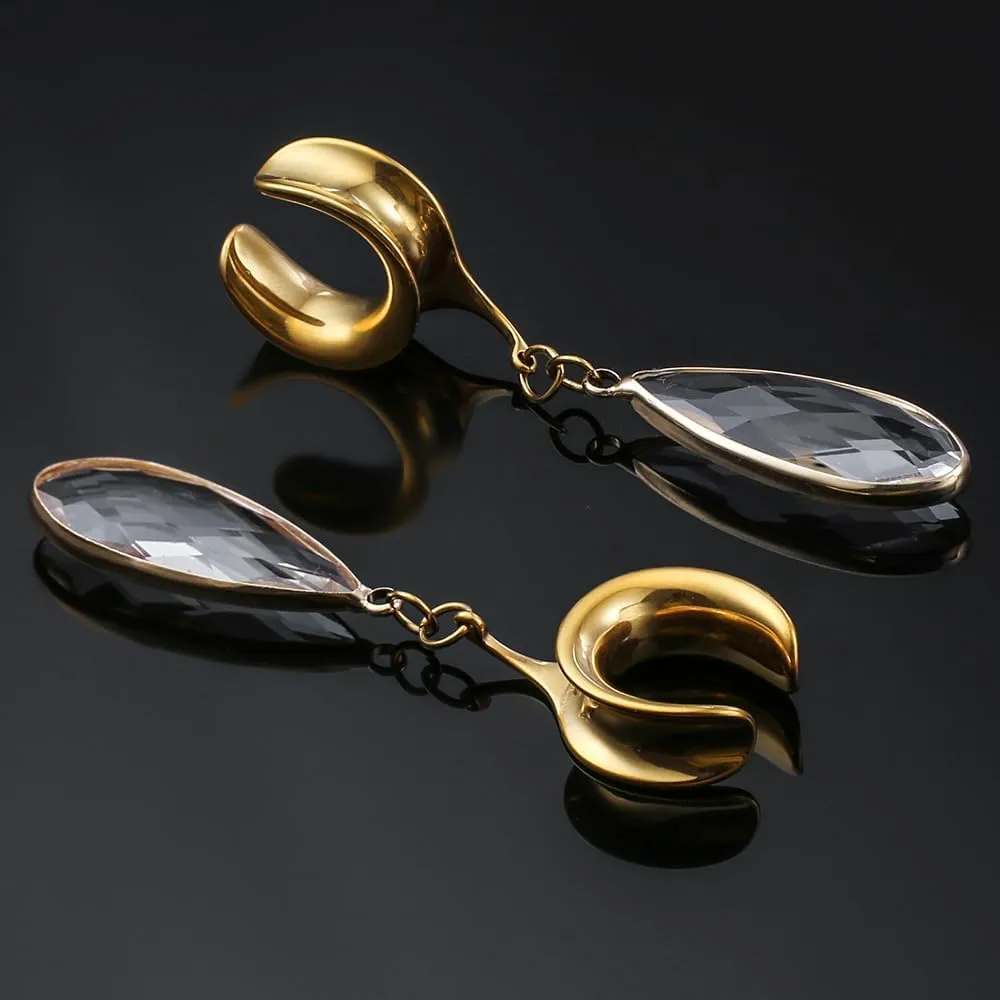 1 Pair saddle gauges Teardrop Crystal Dangle earrings Ear Tunnels Plugs 316 Stainless Steel Ear Weight Plugs Hypoallergenic expander Piercing Body Jewelry