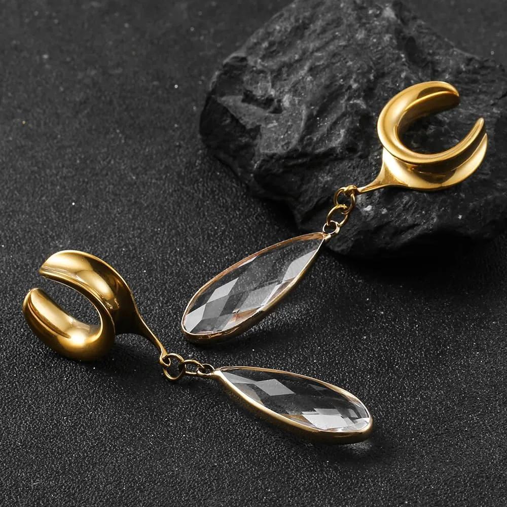 1 Pair saddle gauges Teardrop Crystal Dangle earrings Ear Tunnels Plugs 316 Stainless Steel Ear Weight Plugs Hypoallergenic expander Piercing Body Jewelry