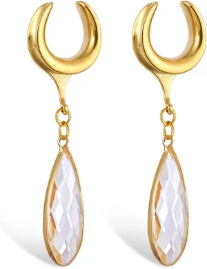 1 Pair saddle gauges Teardrop Crystal Dangle earrings Ear Tunnels Plugs 316 Stainless Steel Ear Weight Plugs Hypoallergenic expander Piercing Body Jewelry