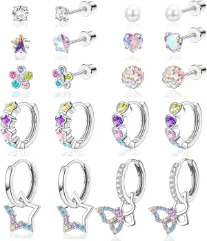 10 Pairs Hypoallergenic Screw Back Earrings For Women Girls Surgical Steel Small Huggie Hoop Earrings Cute CZ Star Butterfly Dangle Hoop Earrings Screwback Stud Earrings Set For Sensitive Ears