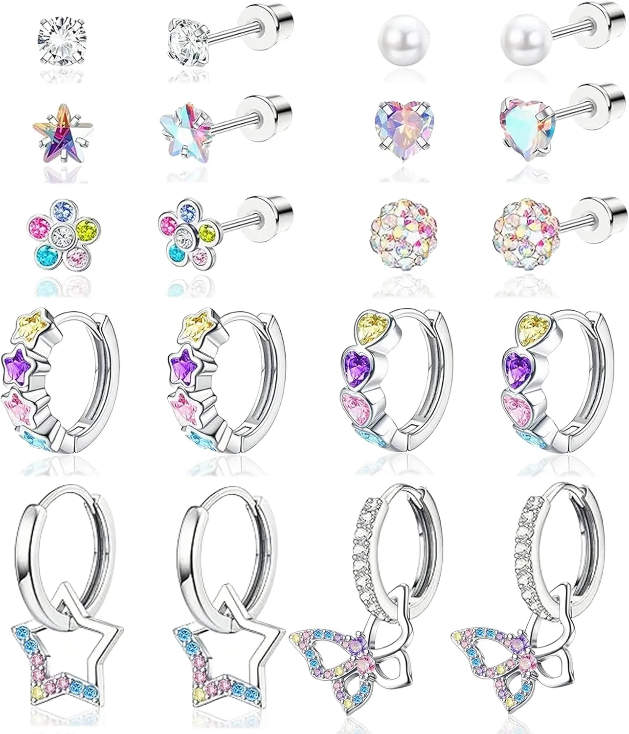 10 Pairs Hypoallergenic Screw Back Earrings For Women Girls Surgical Steel Small Huggie Hoop Earrings Cute CZ Star Butterfly Dangle Hoop Earrings Screwback Stud Earrings Set For Sensitive Ears