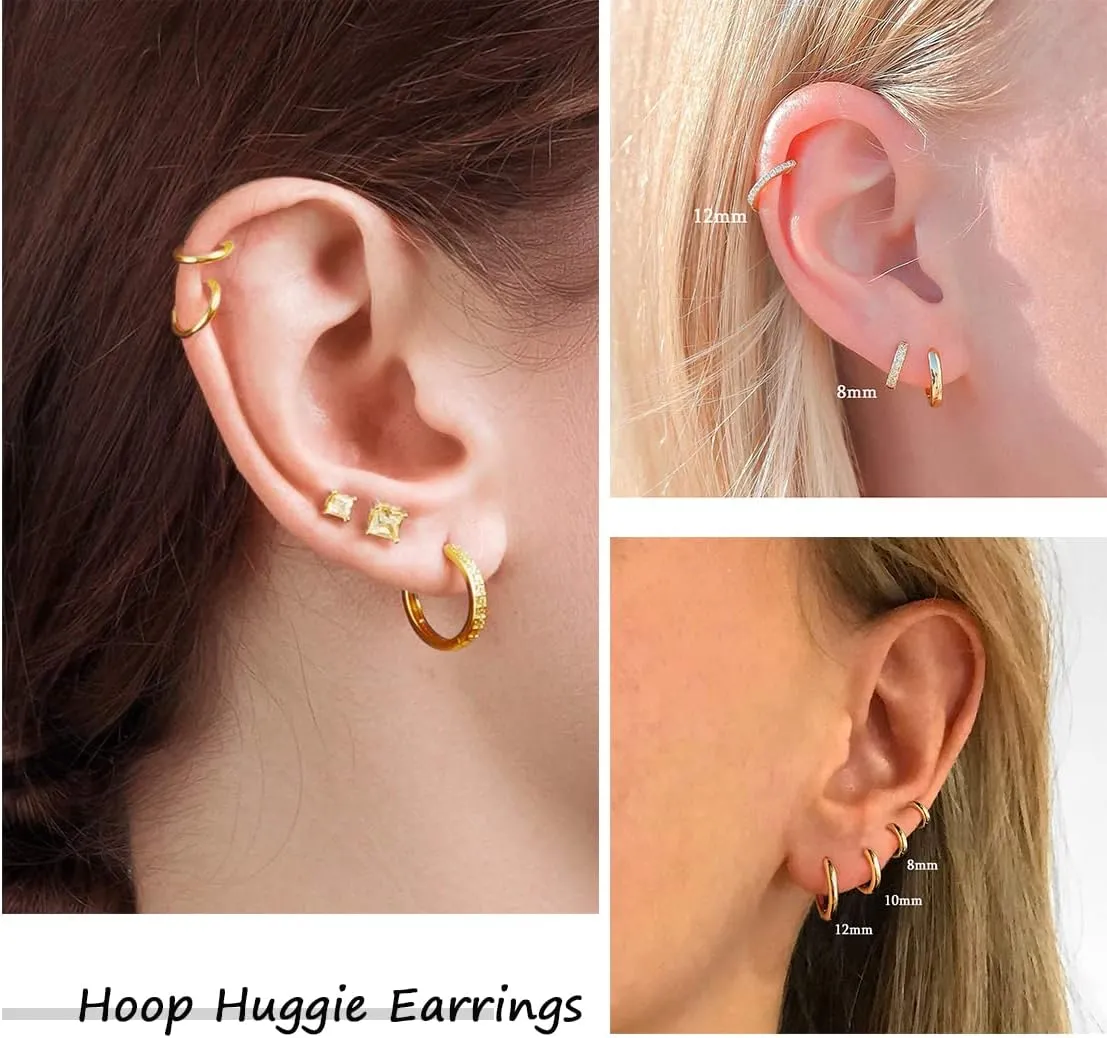 10 Pairs Small Gold Hoop Earrings Set for Multiple Piercing, Hypoallergenic 14K Gold Plated Tiny CZ Ball Studs Earrings and Huggie Hoop Earrings for Women Men, Mini Cartilage Hoop Ear Piercing Jewelry
