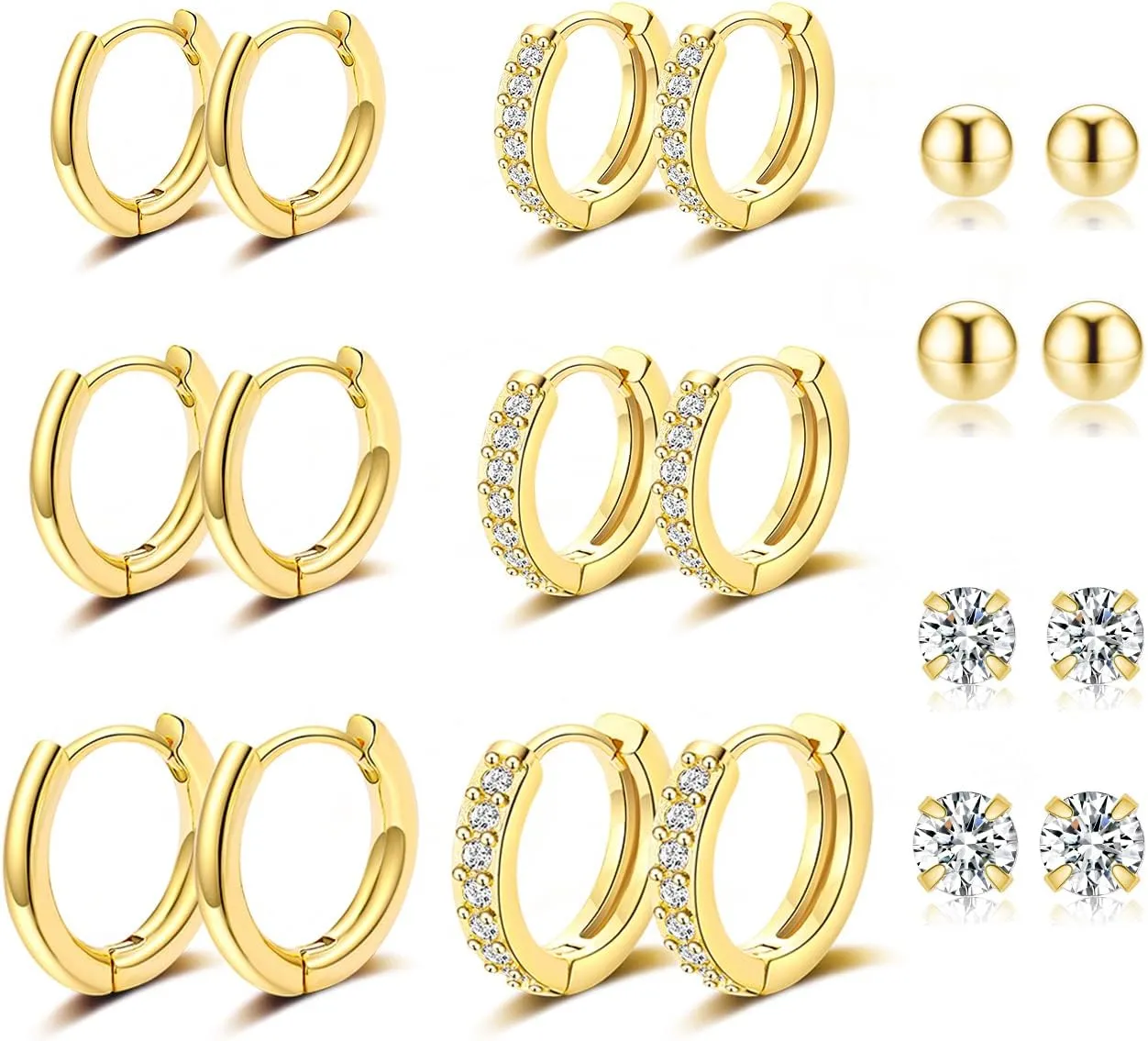 10 Pairs Small Gold Hoop Earrings Set for Multiple Piercing, Hypoallergenic 14K Gold Plated Tiny CZ Ball Studs Earrings and Huggie Hoop Earrings for Women Men, Mini Cartilage Hoop Ear Piercing Jewelry