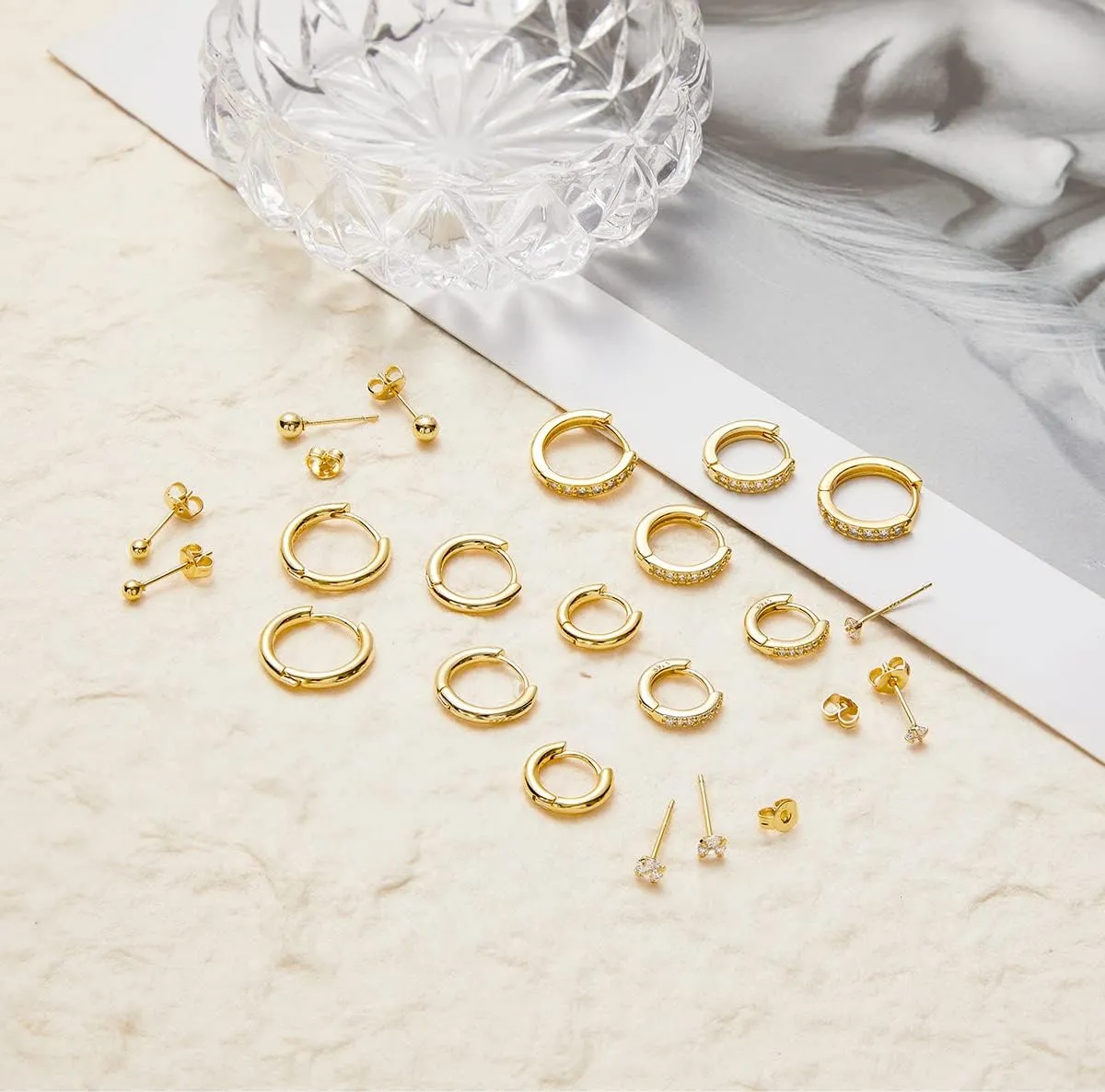 10 Pairs Small Gold Hoop Earrings Set for Multiple Piercing, Hypoallergenic 14K Gold Plated Tiny CZ Ball Studs Earrings and Huggie Hoop Earrings for Women Men, Mini Cartilage Hoop Ear Piercing Jewelry