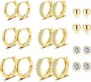 10 Pairs Small Gold Hoop Earrings Set for Multiple Piercing, Hypoallergenic 14K Gold Plated Tiny CZ Ball Studs Earrings and Huggie Hoop Earrings for Women Men, Mini Cartilage Hoop Ear Piercing Jewelry