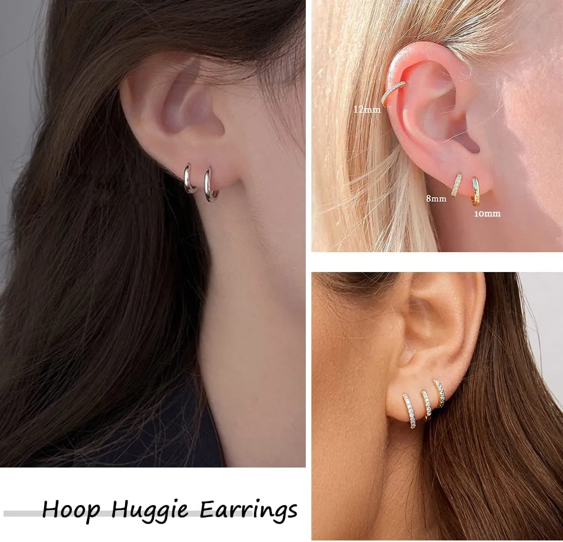 10 Pairs Small Gold Hoop Earrings Set for Multiple Piercing, Hypoallergenic 14K Gold Plated Tiny CZ Ball Studs Earrings and Huggie Hoop Earrings for Women Men, Mini Cartilage Hoop Ear Piercing Jewelry
