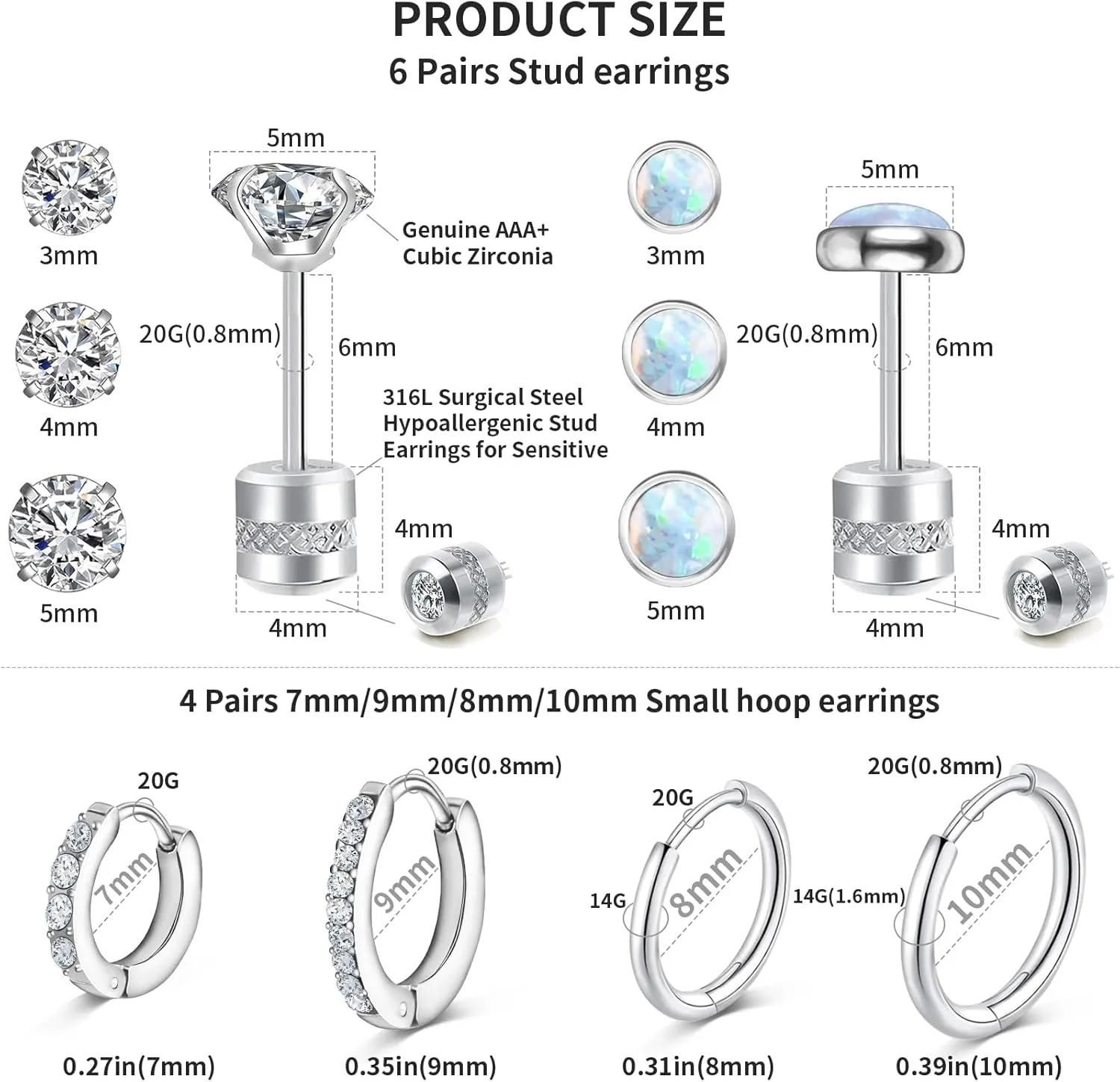 10 Pairs Stud Earrings for Women, Surgical Steel Earrings Set Lightweight and Trendy 316L CZ Cartilage Earlobes Hypoallergenic