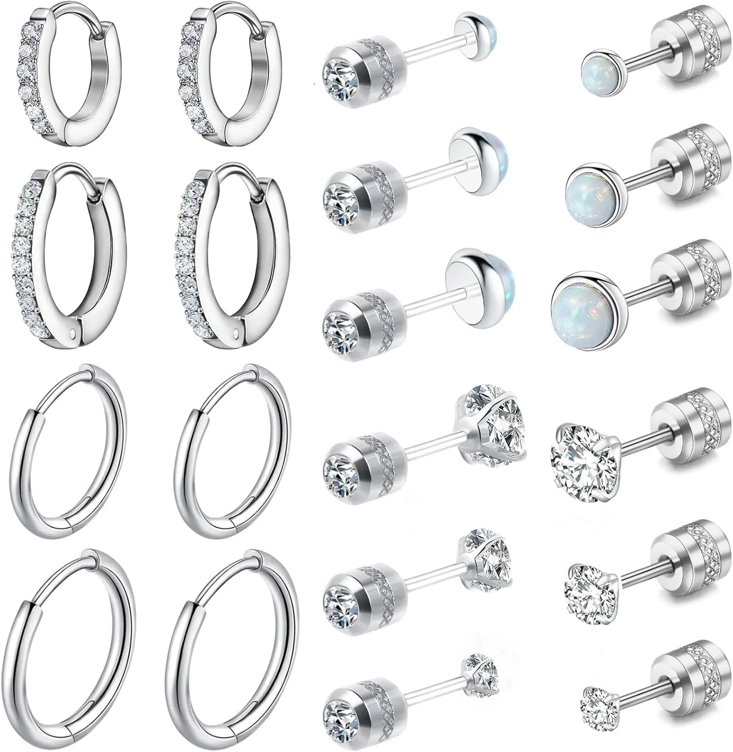 10 Pairs Stud Earrings for Women, Surgical Steel Earrings Set Lightweight and Trendy 316L CZ Cartilage Earlobes Hypoallergenic