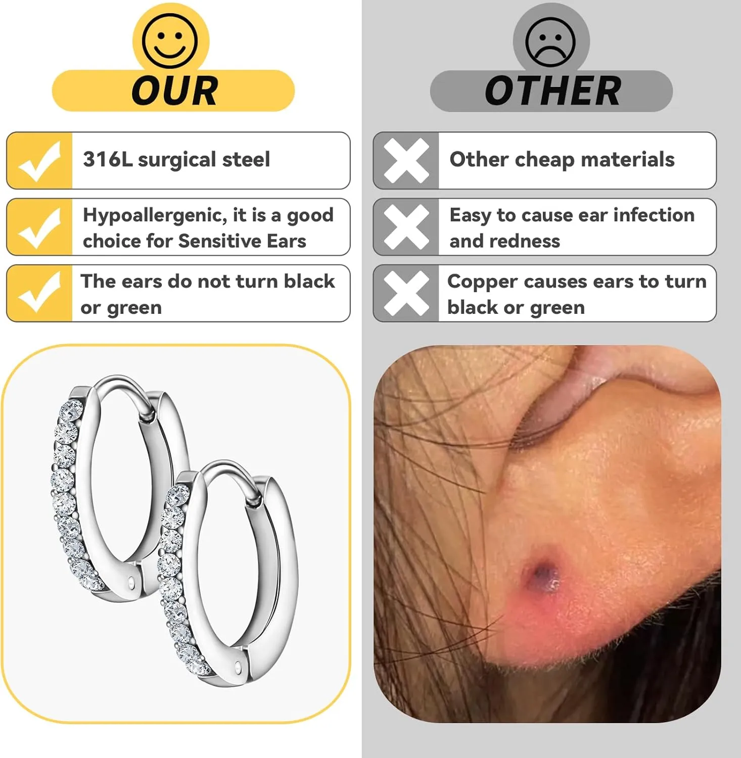 10 Pairs Stud Earrings for Women, Surgical Steel Earrings Set Lightweight and Trendy 316L CZ Cartilage Earlobes Hypoallergenic