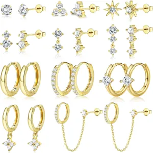 11/12 Pairs Gold Hoop Earrings for Women 14k Gold Plated Small Huggie Hoop Earrings Pack Trendy CZ Cartilage Stud Earrings Set for Multiple Piercings