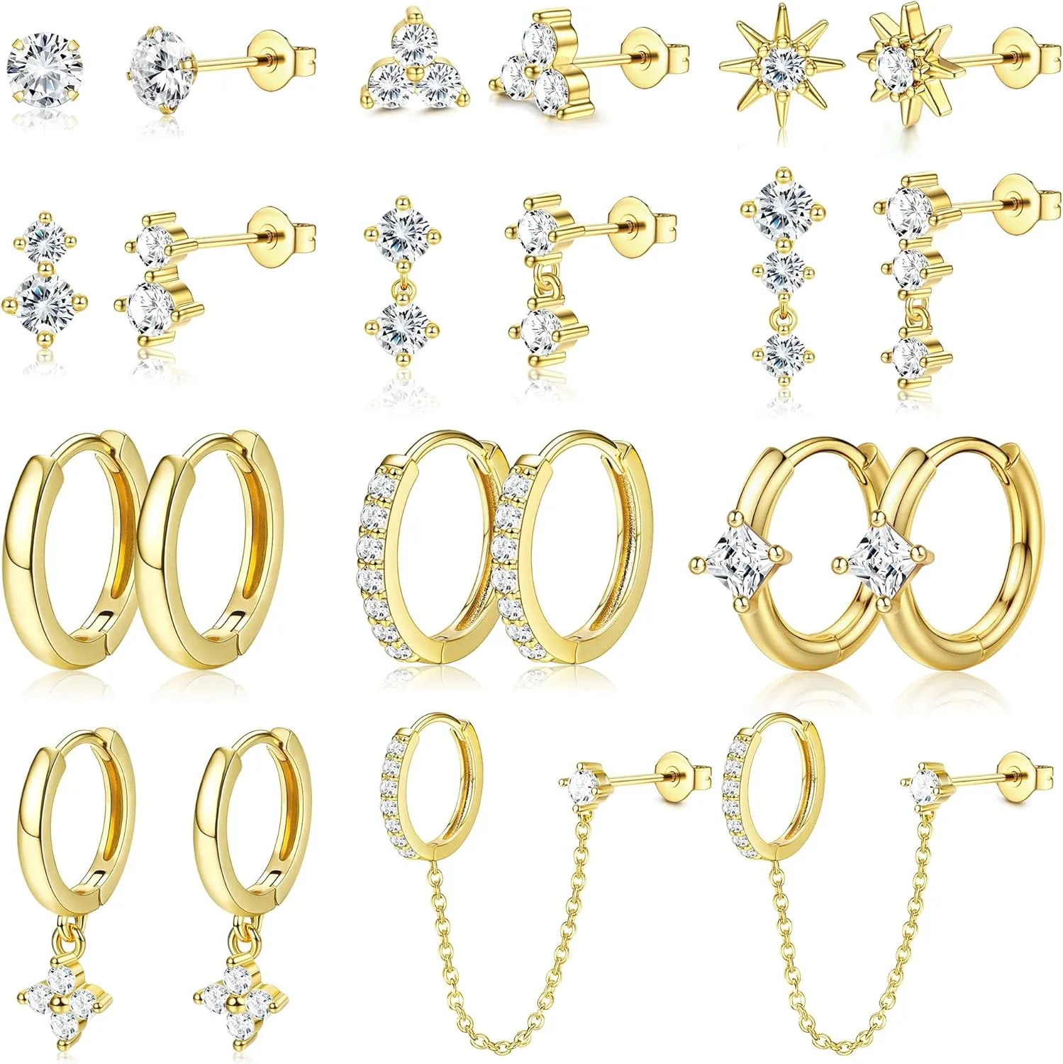 11/12 Pairs Gold Hoop Earrings for Women 14k Gold Plated Small Huggie Hoop Earrings Pack Trendy CZ Cartilage Stud Earrings Set for Multiple Piercings