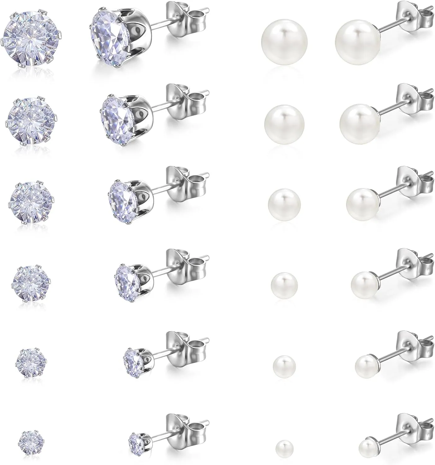 12 Pairs Flat Back Pearl Earrings Faux Pearl Studs Earrings for Women Silver Cubic Zirconia Ball Stud Earring Set for Multiple Piercing Cartilage Small Tragus Birthday Mother Festival Gifts White