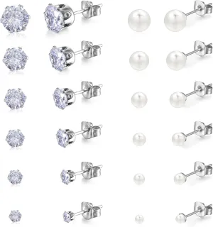 12 Pairs Flat Back Pearl Earrings Faux Pearl Studs Earrings for Women Silver Cubic Zirconia Ball Stud Earring Set for Multiple Piercing Cartilage Small Tragus Birthday Mother Festival Gifts White