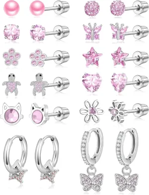 12 Pairs Screw Back Earrings for Women Stainless Steel Hoop Huggie Dangling Earrings Pink Multicolor CZ Star Butterfly Pearl Cat Heart Turtle Flat Screwback Stud Earring Set Silver Tone 20G