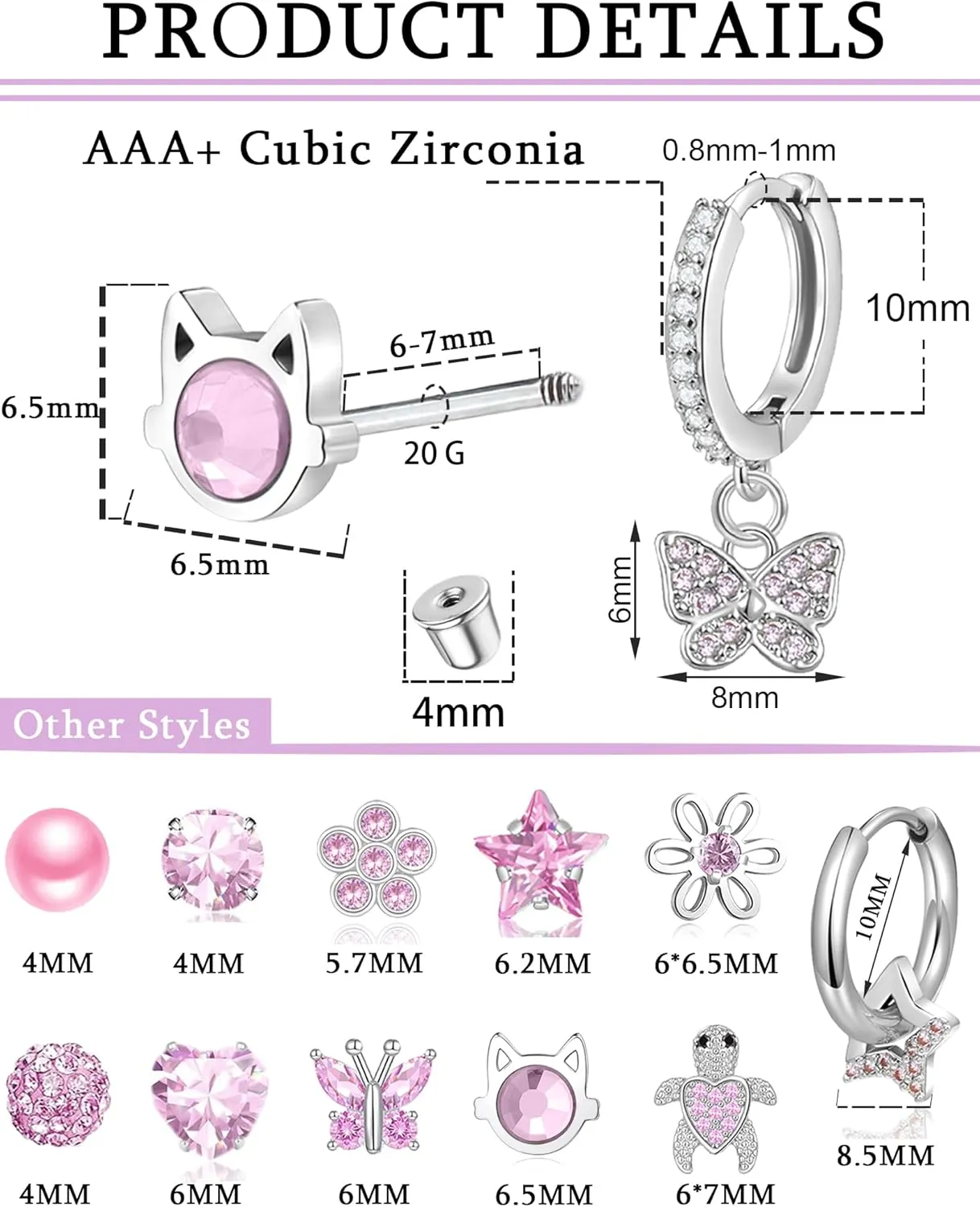 12 Pairs Screw Back Earrings for Women Stainless Steel Hoop Huggie Dangling Earrings Pink Multicolor CZ Star Butterfly Pearl Cat Heart Turtle Flat Screwback Stud Earring Set Silver Tone 20G