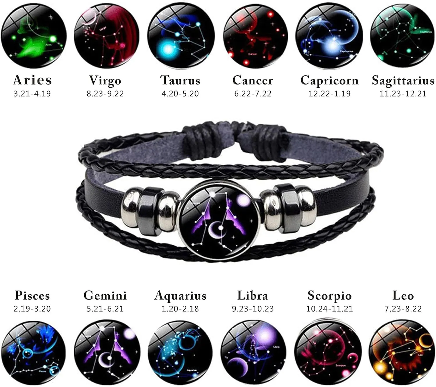 12 Zodiac Leather Adjustable Bracelet Spirit Constellation Zodiac Bracelets Guardian Bracelet Gift for Constellation Lovers