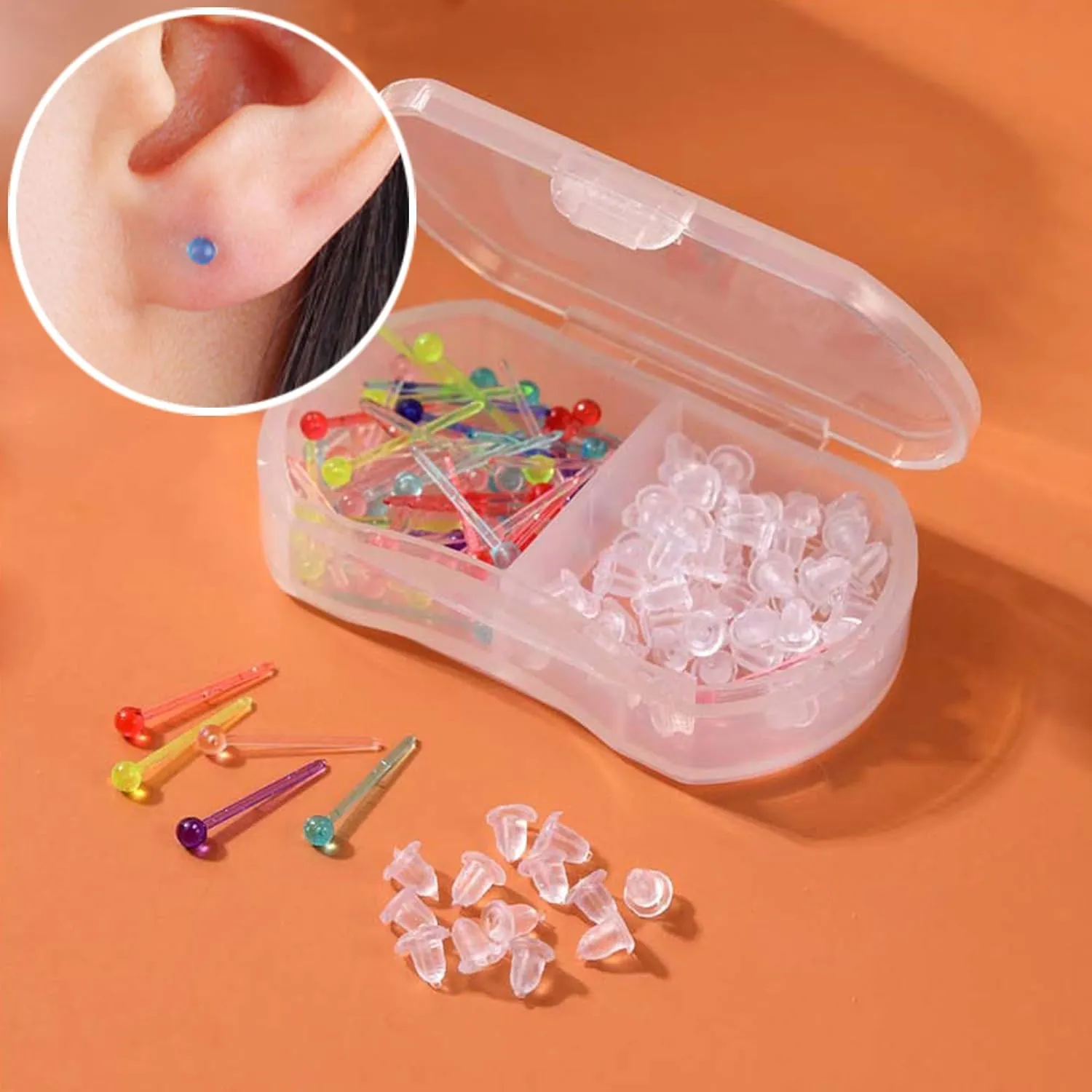120 Pcs Plastic Earrings for Sensitive Ears Clear Studs for Women Hypoallergenic Hoops Invisible Post Earring for Sports