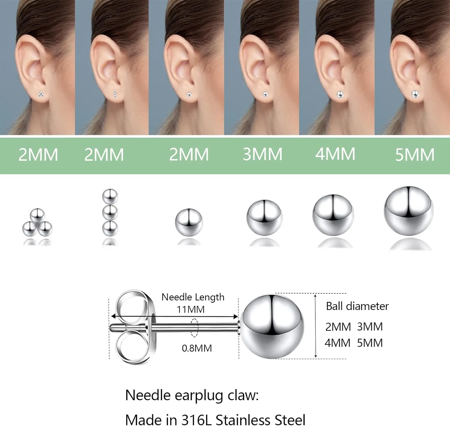 12Pairs 20G Mix Color Stainless Steel Ball Stud Earrings for Men Women Minimalist Sphere Cartilage Piercing Studs Earrings,Ball Hypoallergenic Jewelry,Mini Ball Earrings