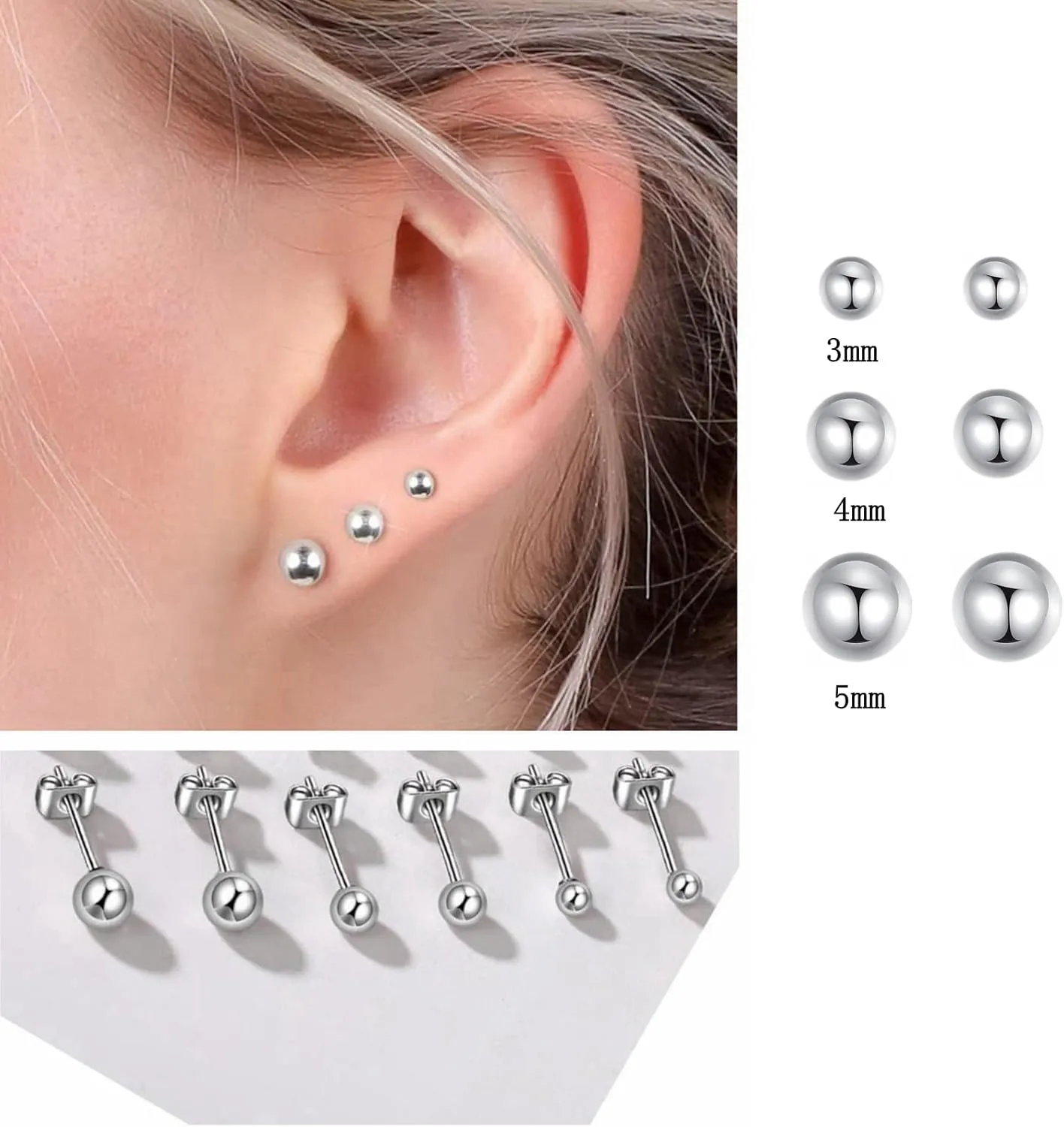 12Pairs 20G Mix Color Stainless Steel Ball Stud Earrings for Men Women Minimalist Sphere Cartilage Piercing Studs Earrings,Ball Hypoallergenic Jewelry,Mini Ball Earrings
