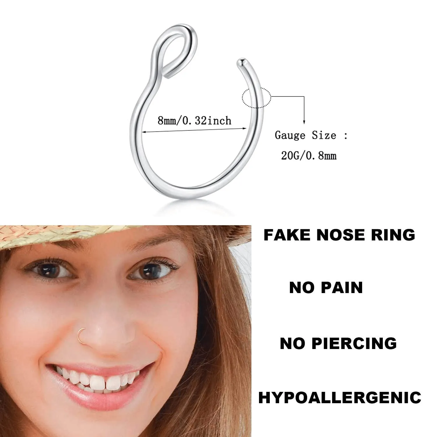 14K Gold Fake Nose Rings,20G Faux Nose Ring Hoop Faux Lip Septum Nose Ring Set Faux Piercing Jewelry for Women Men(5PCS Set-Gold)