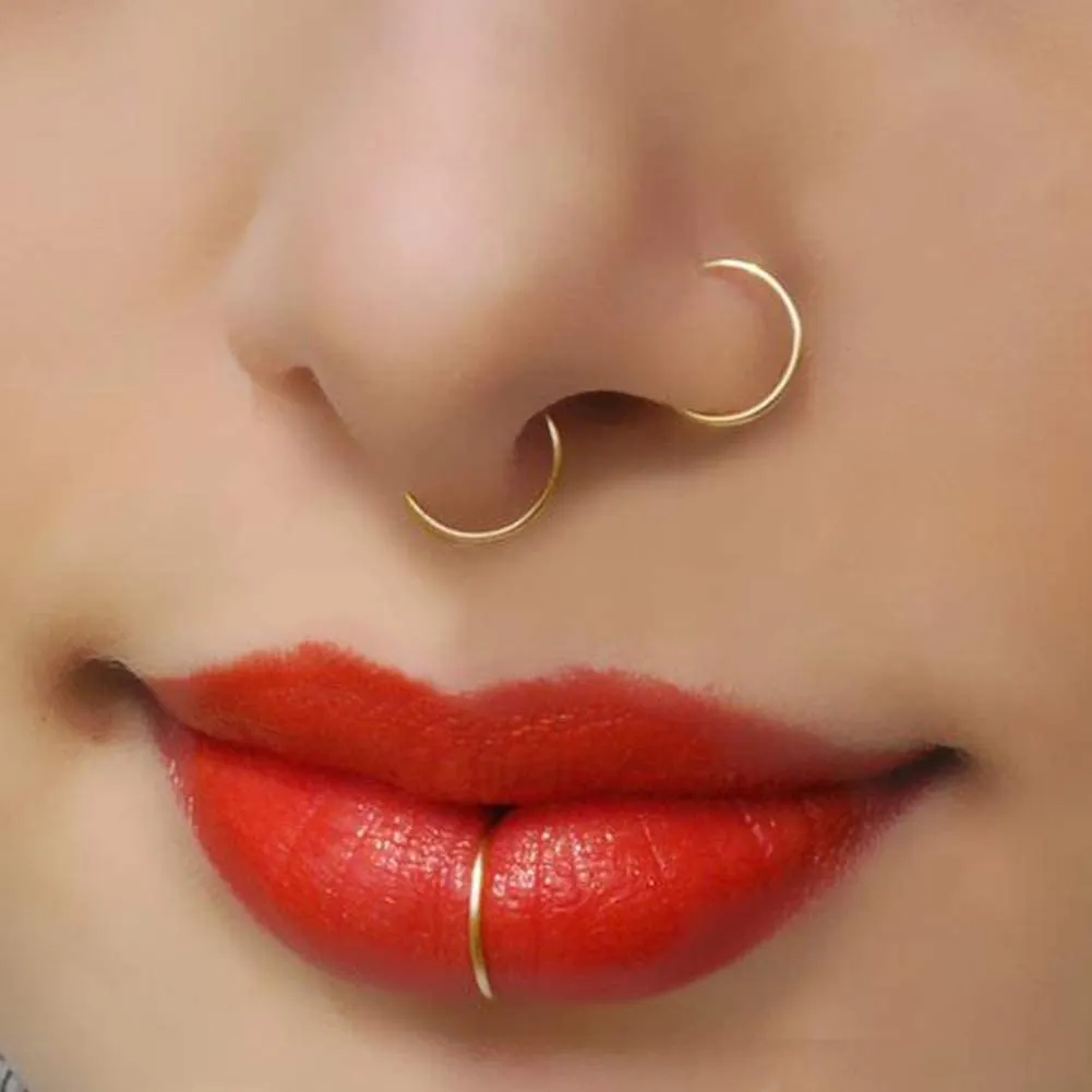 14K Gold Fake Nose Rings,20G Faux Nose Ring Hoop Faux Lip Septum Nose Ring Set Faux Piercing Jewelry for Women Men(5PCS Set-Gold)