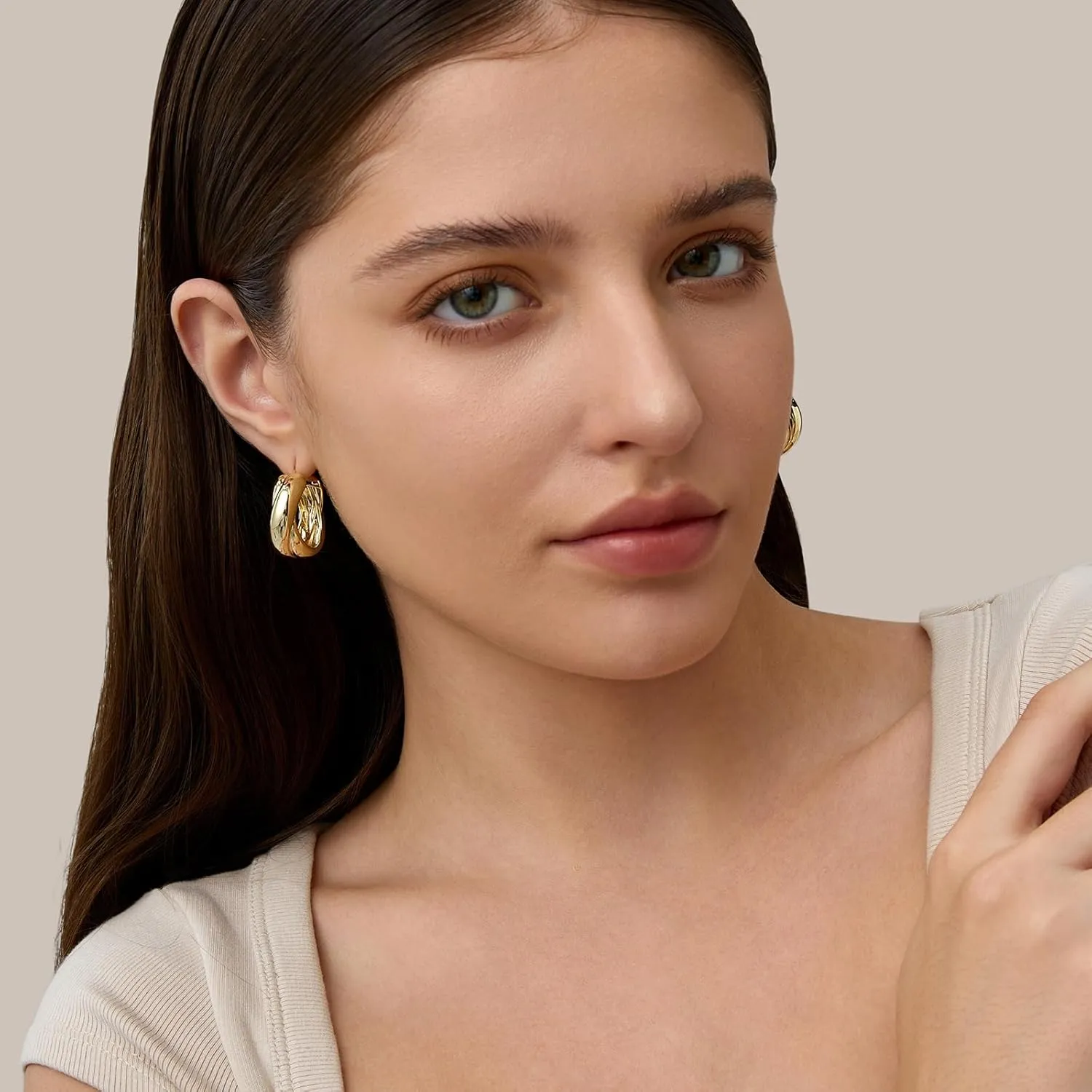 14K Gold Filled Gold Hoop Earrings for Women, S925 Sterling Silver Post Chunky Gold Hoop Earrings for Women, Dainty Lightweight Hoop Earrings