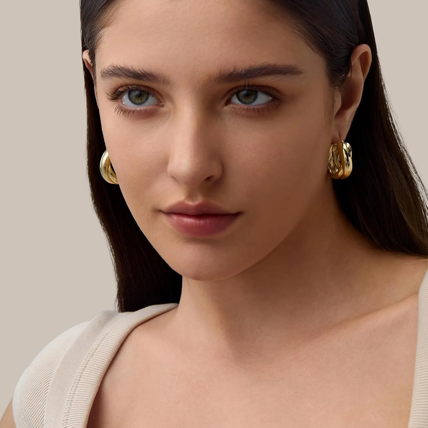 14K Gold Filled Gold Hoop Earrings for Women, S925 Sterling Silver Post Chunky Gold Hoop Earrings for Women, Dainty Lightweight Hoop Earrings