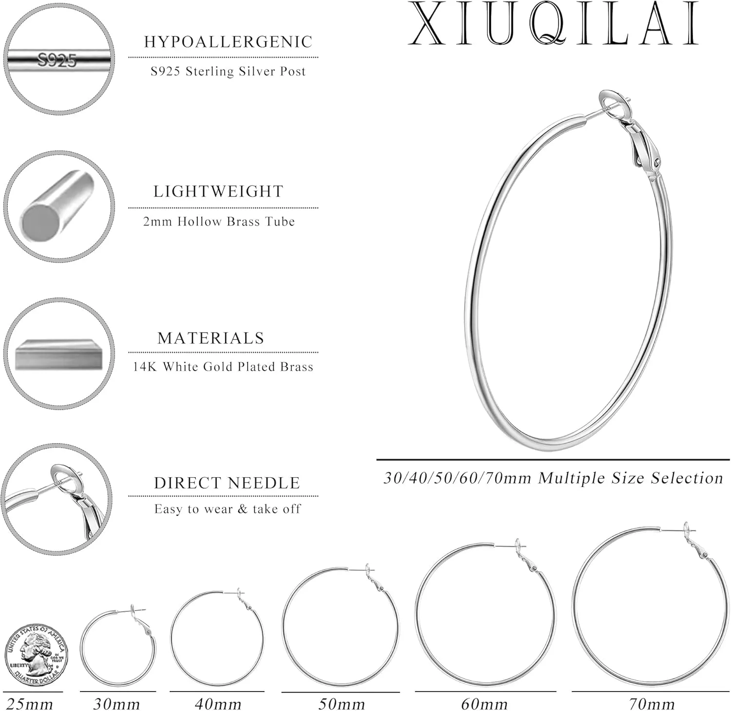 14K Gold Plated 925 Sterling Silver Posts large Hoop Earrings for Women, Hypoallergenic Big Hoop Earrings Lightweight Jewelry for Women 30/40/50/60/70MM