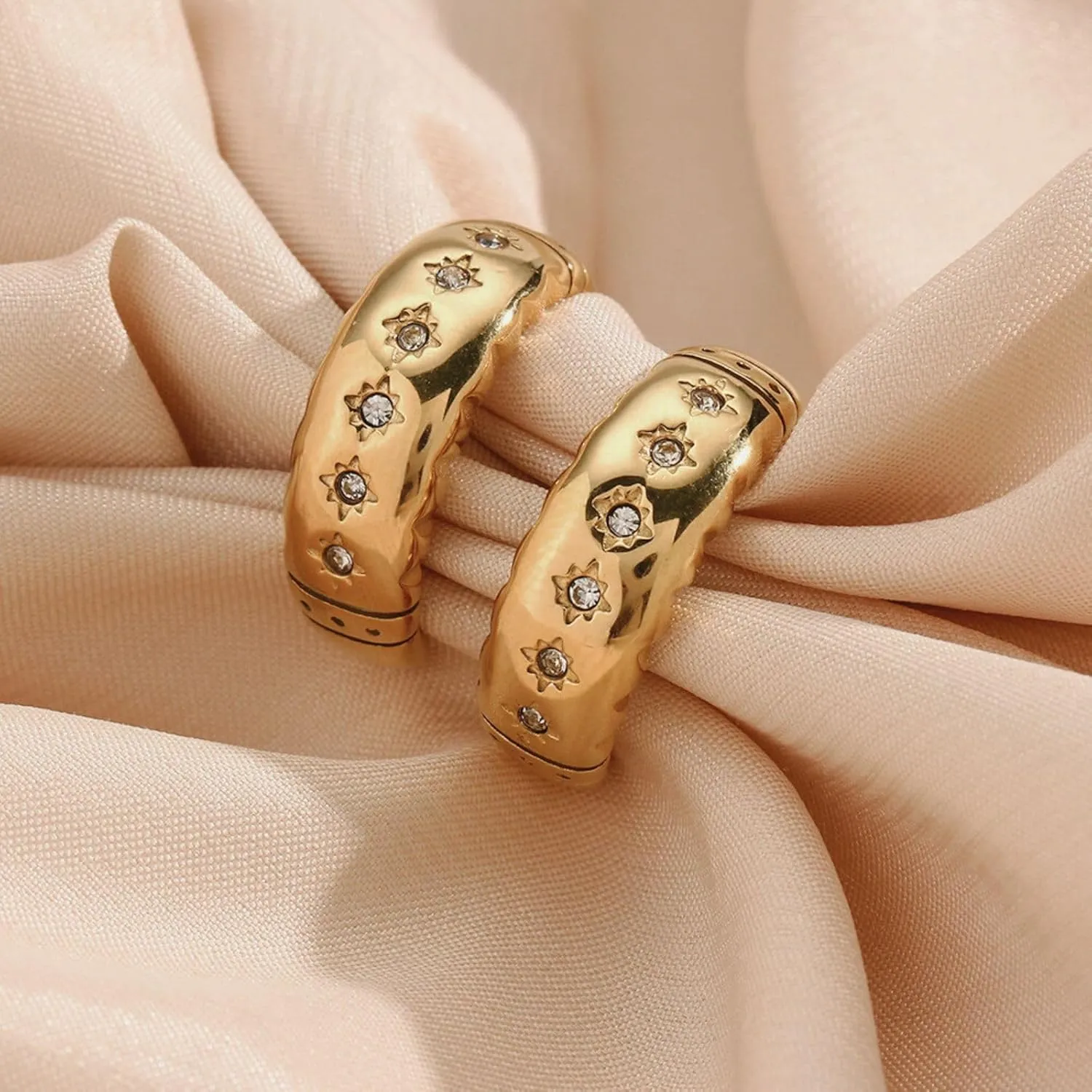 14K Gold Plated Croissant Earrings, Twisted Round Hoop Earrings Chunky Hoop Earrings 925 Sterling Silver Post Earrings Huggies with CZ for Women Mother's Day Gift