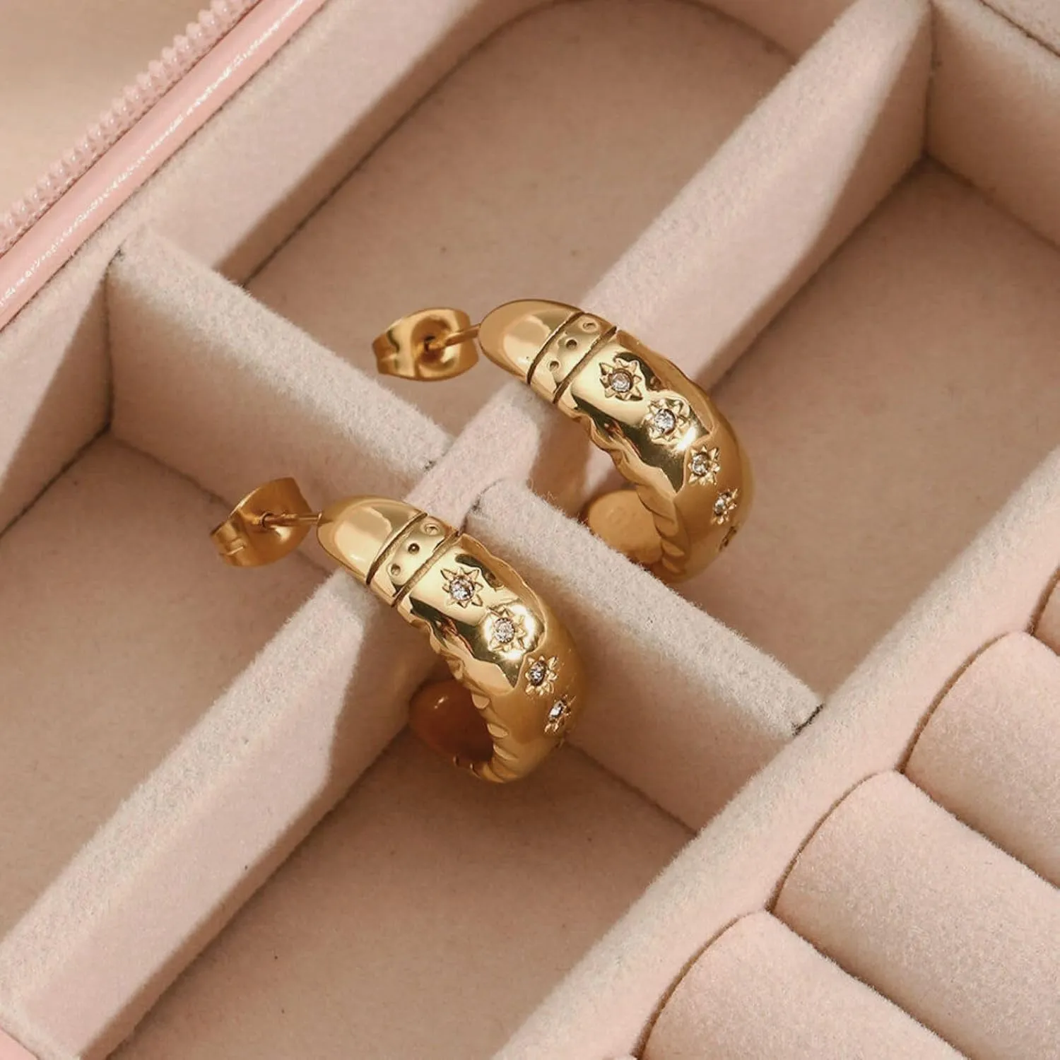 14K Gold Plated Croissant Earrings, Twisted Round Hoop Earrings Chunky Hoop Earrings 925 Sterling Silver Post Earrings Huggies with CZ for Women Mother's Day Gift