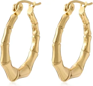 14k Gold Plated Hoop Earrings for Women 90s Bamboo Earrings Thick Big Circle Huggie