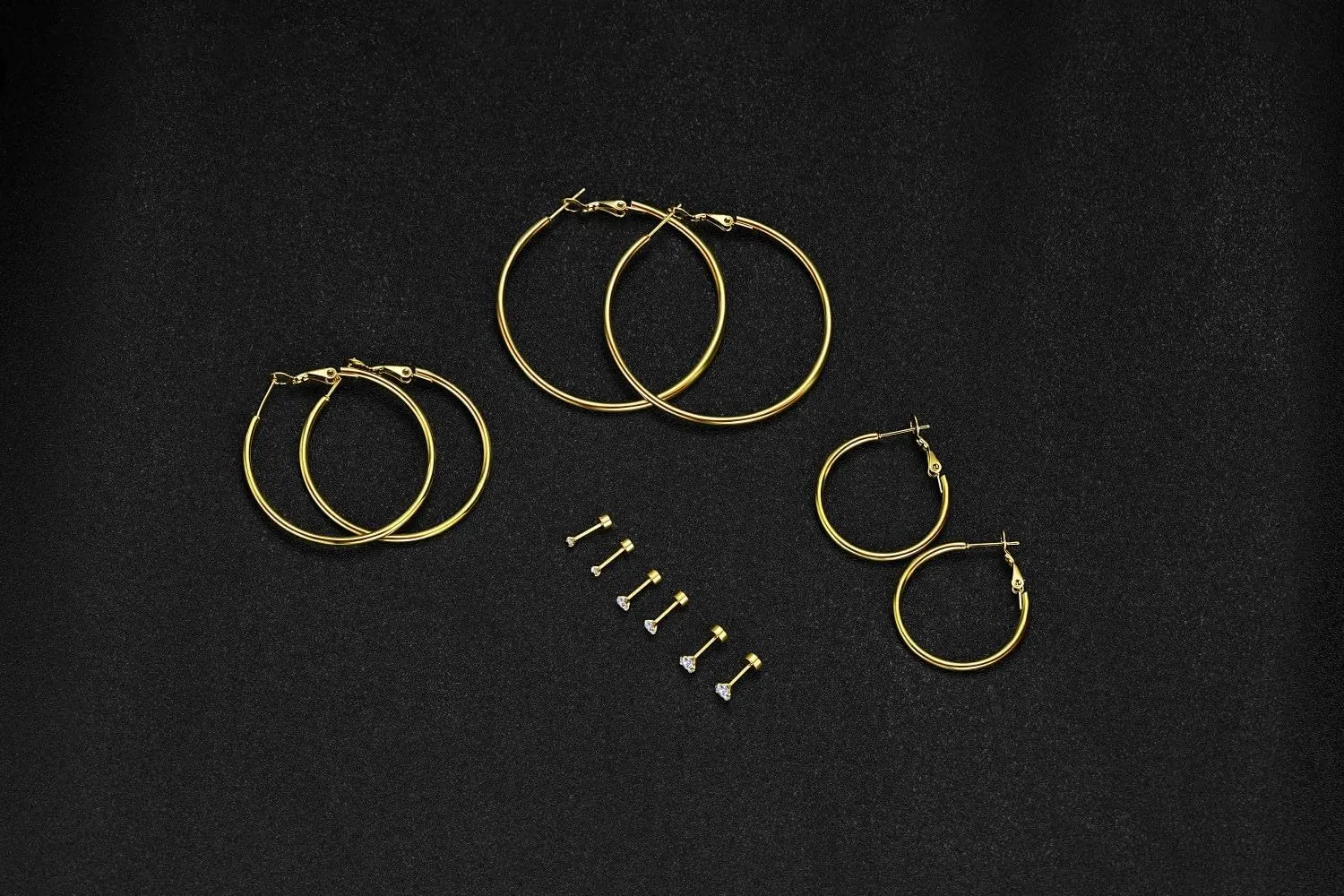14k Gold Plated Surgical Steel Hoop Earrings Flat Back Stud Earrings Set for Women - 6 Pairs Hypoallergenic Earring Hoops and Cubic Zirconia Earrings Studs