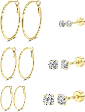 14k Gold Plated Surgical Steel Hoop Earrings Flat Back Stud Earrings Set for Women - 6 Pairs Hypoallergenic Earring Hoops and Cubic Zirconia Earrings Studs