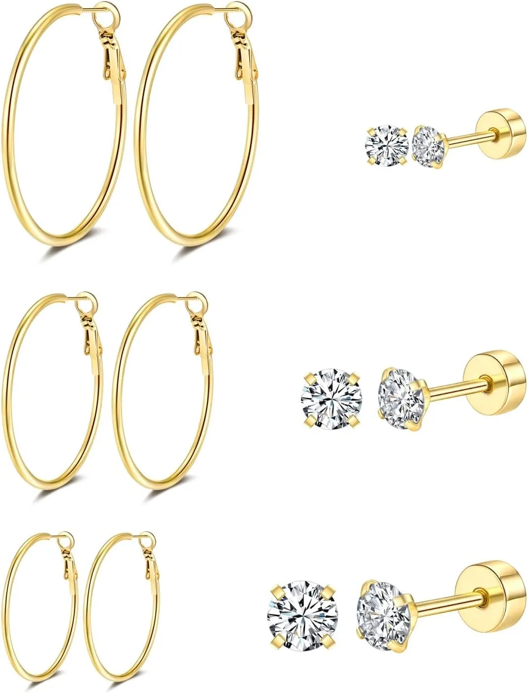 14k Gold Plated Surgical Steel Hoop Earrings Flat Back Stud Earrings Set for Women - 6 Pairs Hypoallergenic Earring Hoops and Cubic Zirconia Earrings Studs