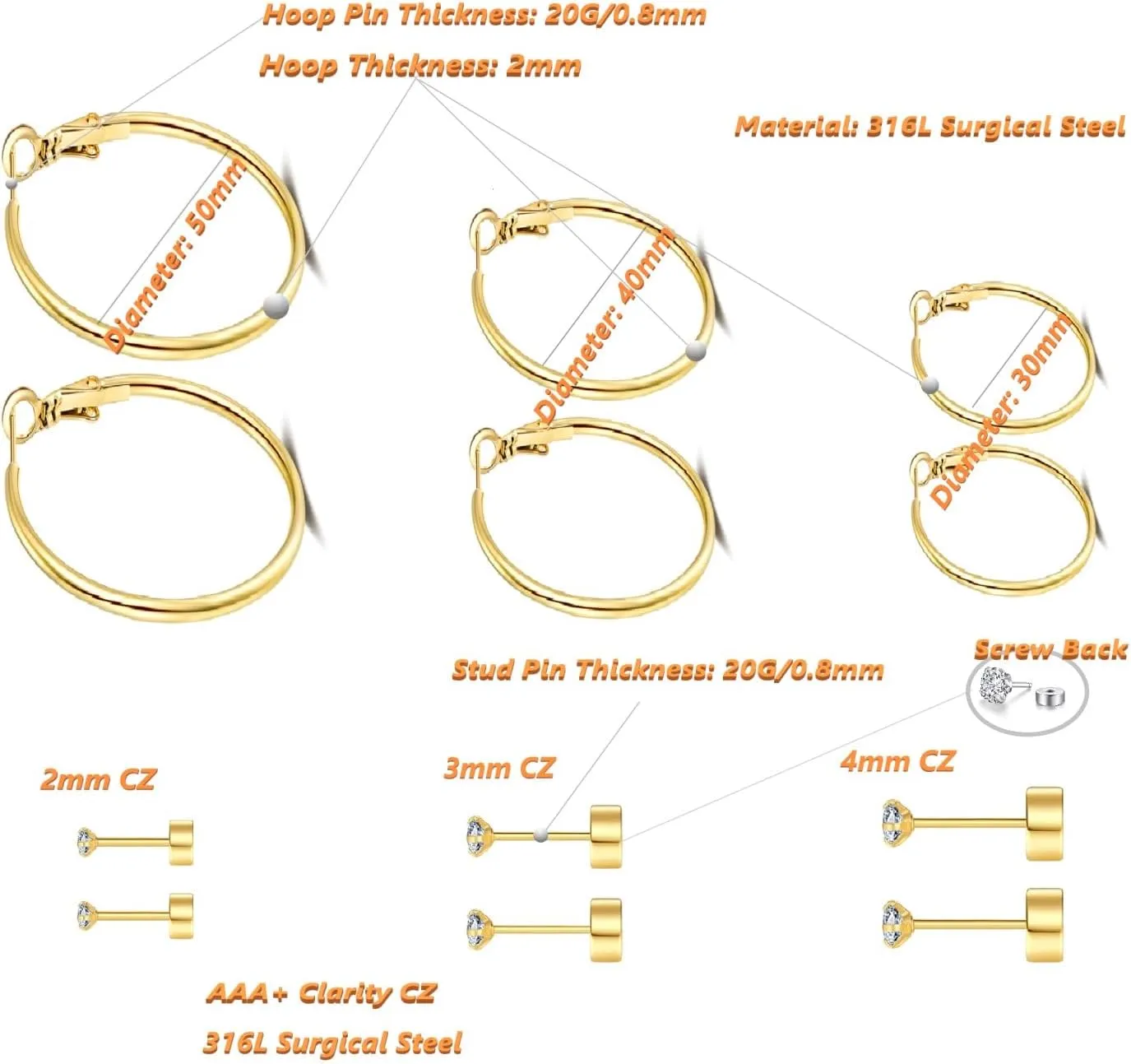 14k Gold Plated Surgical Steel Hoop Earrings Flat Back Stud Earrings Set for Women - 6 Pairs Hypoallergenic Earring Hoops and Cubic Zirconia Earrings Studs