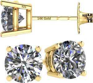 14K Solid Gold Post & Silver Simulated Diamond Stud Earrings-cubic zirconia earrings studs .30ct to 8.00ct