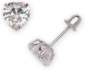14k White Gold Heart-shaped Cubic Zirconia Screw Back Stud Earrings for Women (4-6mm)