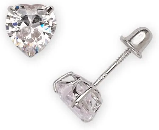 14k White Gold Heart-shaped Cubic Zirconia Screw Back Stud Earrings for Women (4-6mm)