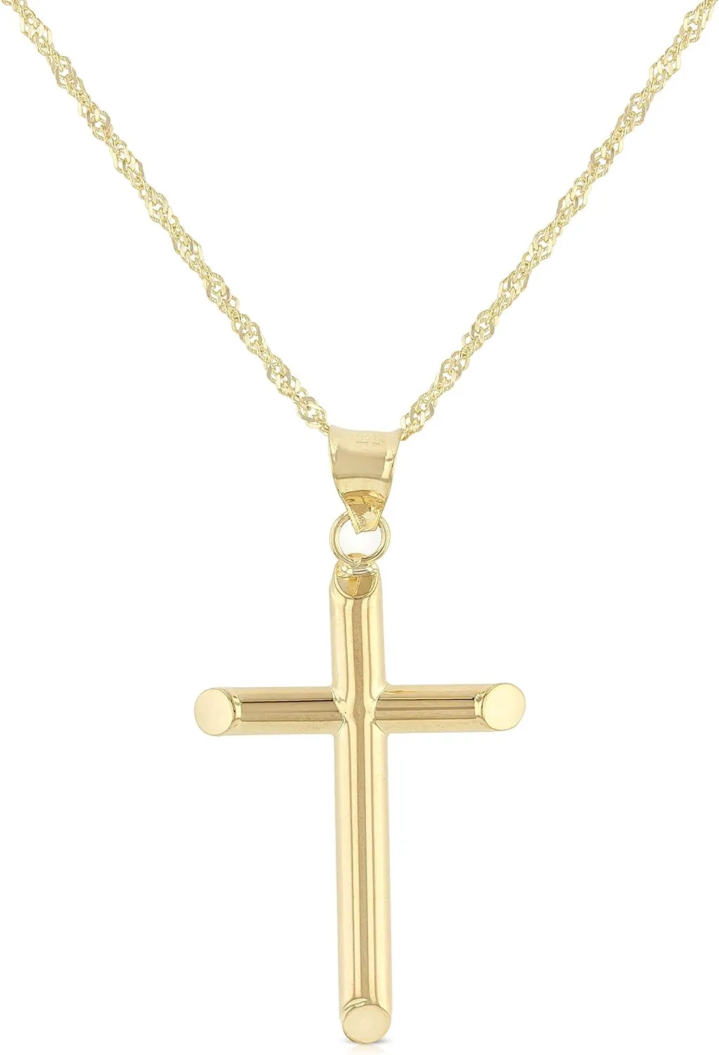 14K Yellow Gold Classic Cross Pendant with 1.2mm Singapore Chain Necklace